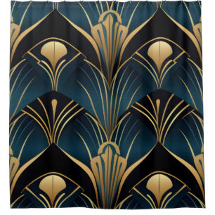 Art Deco Black Blue and Gold symmetrical Shower Curtain