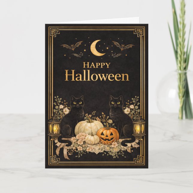 Art Deco Black Cats Luxury Halloween Card (Front)