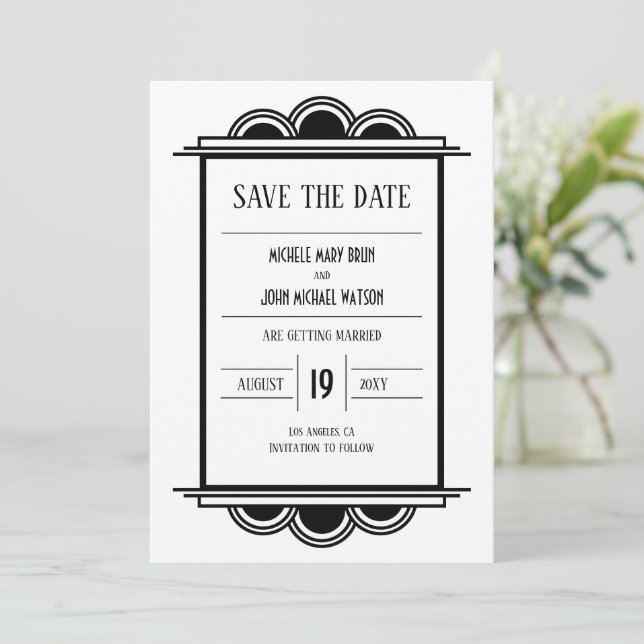 Art Deco Black Frame White Save the Date Card (Standing Front)