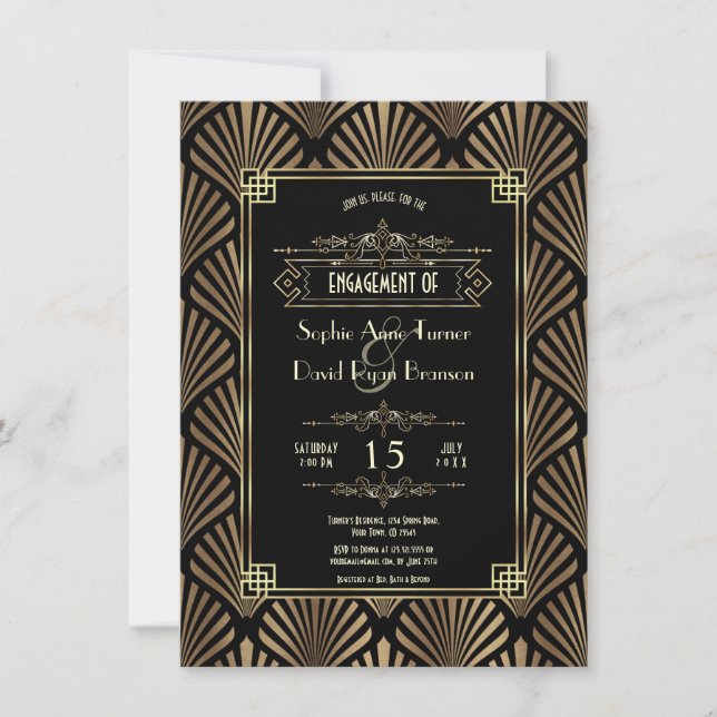 Art Deco Black Gatsby 1920s Engagement Party Invitation (Front)