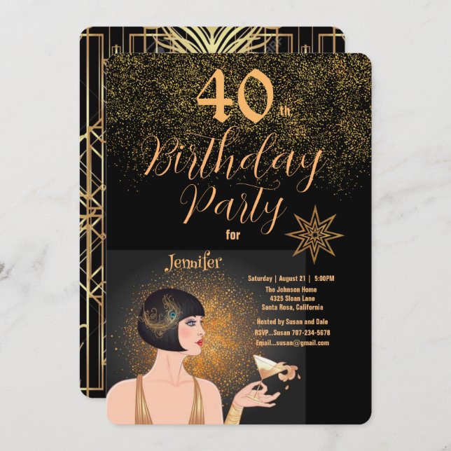 Art Deco Black & Gold 40th Birthday Party  Invitation (Front/Back)
