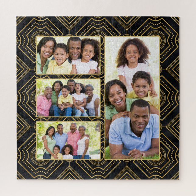 Art Deco Black Gold Add Your Family Photo Collage Jigsaw Puzzle (Vertical)