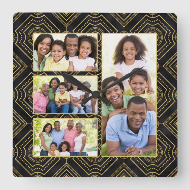 Art Deco Black Gold Add Your Family Photo Collage Square Wall Clock (Front)