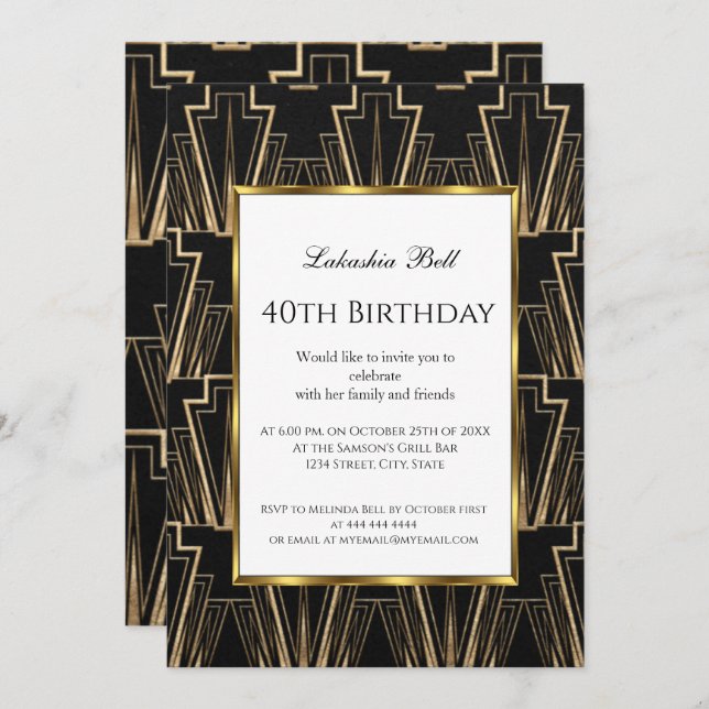 Art Deco Black Gold Birthday Party Invitation (Front/Back)