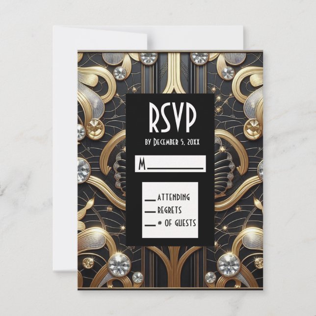 Art Deco Black & Gold Diamond RSVP Cards (Front)