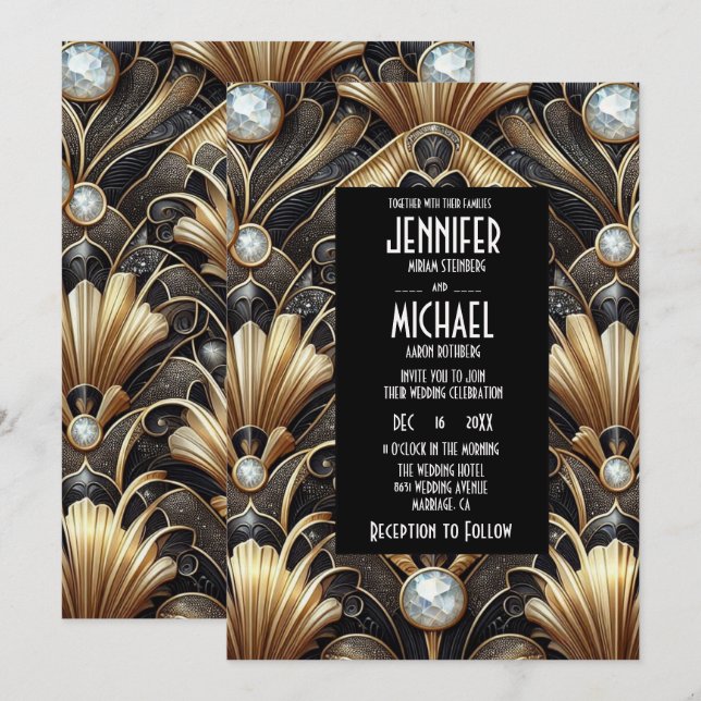 Art Deco Black & Gold Diamond Wedding Invitations (Front/Back)