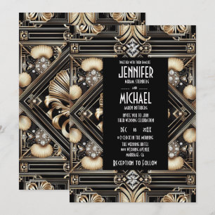 Art Deco Black & Gold Diamond Wedding Invitations
