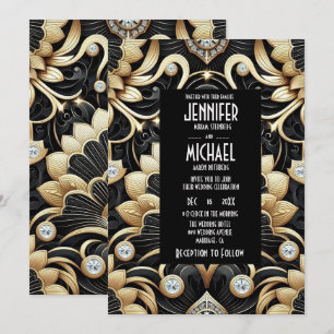 Art Deco Black & Gold Diamond Wedding Invitations