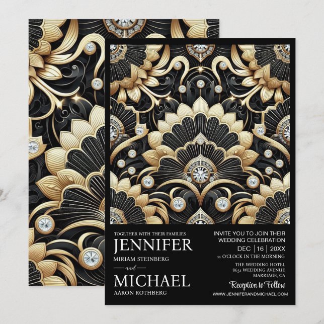 Art Deco Black & Gold Diamond Wedding Invitations  (Front/Back)