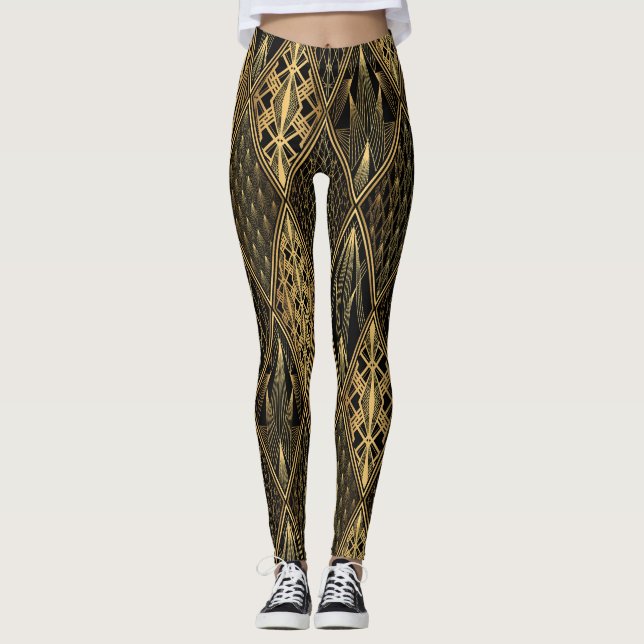 Art Deco Black Gold Elegance Leggings (Front)