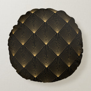 Art Deco: Black Gold Elegance. Round Cushion