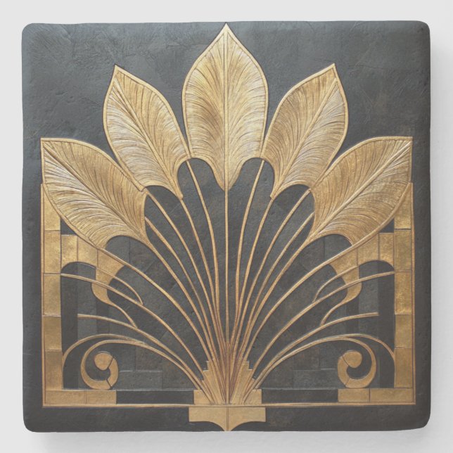 Art Deco Black Gold Feather Fan  Stone Coaster (Front)