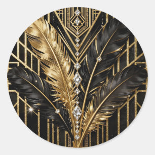 Art Deco Black Gold Feathers Classic Round Sticker
