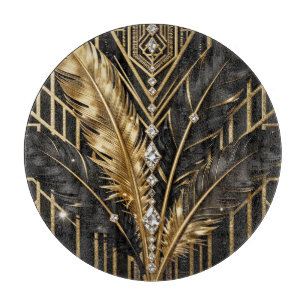 Art Deco Black Gold Feathers Cutting Board