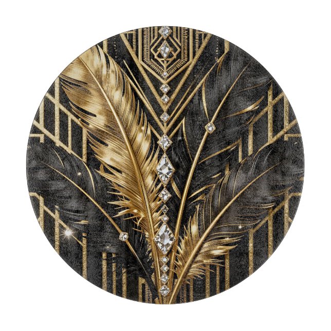 Art Deco Black Gold Feathers Cutting Board (Front)