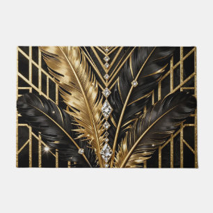 Art Deco Black Gold Feathers Doormat