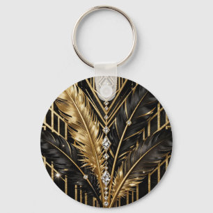 Art Deco Black Gold Feathers Key Ring