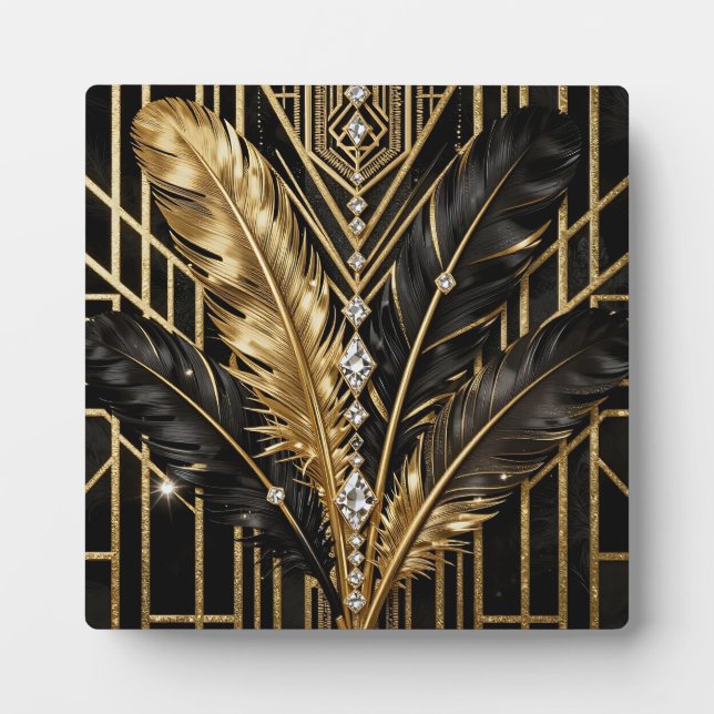 Art Deco Black Gold Feathers Plaque (Front)