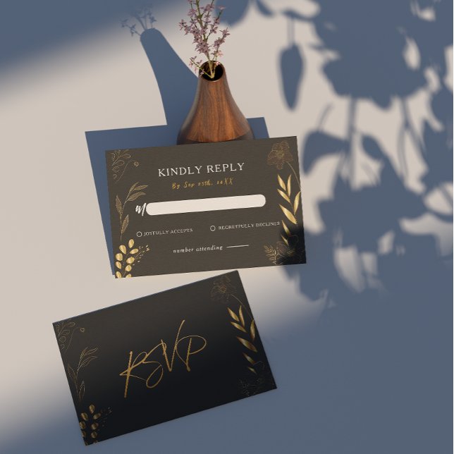 Art Deco Black Gold Floral Elegant Wedding RSVP Card (Black and Gold RSVP card)