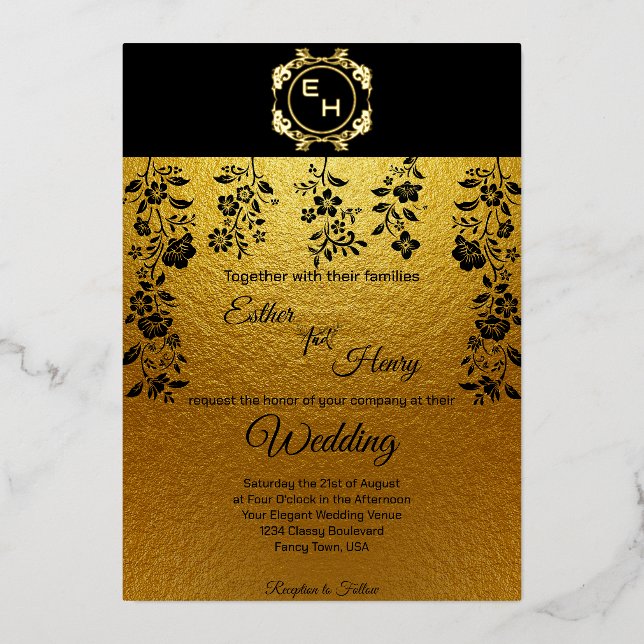 Art Deco Black Gold Foil Monogram Classic Wedding  (Front)