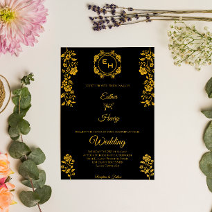Art Deco Black Gold Foil Monogram Classic Wedding  Invitation