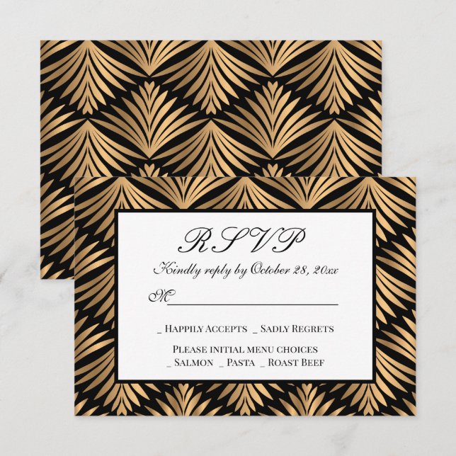 Art Deco Black Gold Gatsby Wedding RSVP Invitation (Front/Back)