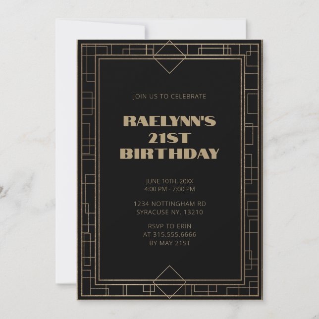 Art Deco Black Gold Geometric Birthday Party Invitation (Front)