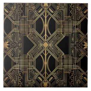 Art Deco, Black Gold, Geometric Pattern Tile