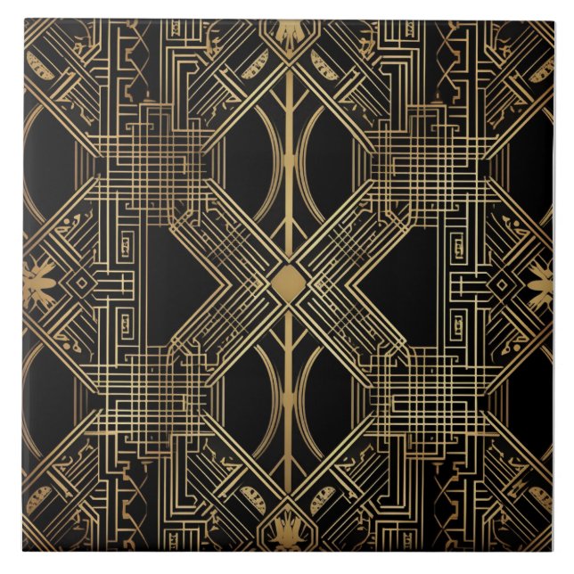 Art Deco, Black Gold, Geometric Pattern Tile (Front)