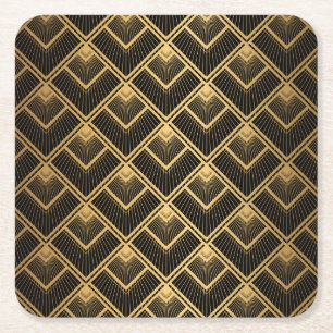 Art Deco Black Gold: Geometric Square Paper Coaster