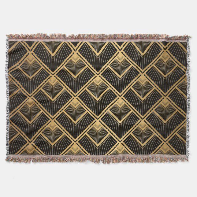 Art Deco Black Gold: Geometric Throw Blanket (Front)