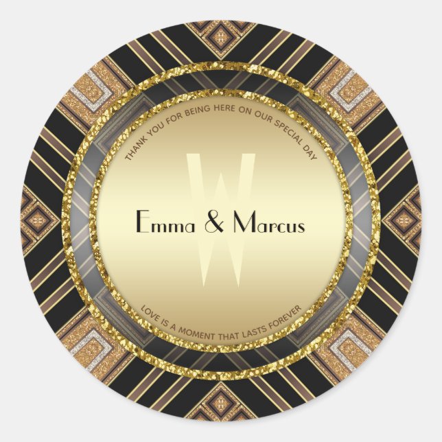 Art Deco Black Gold Geometry Wedding Special Event Classic Round Sticker (Front)