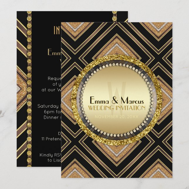 Art Deco Black Gold Geometry Wedding Special Event Invitation (Front/Back)