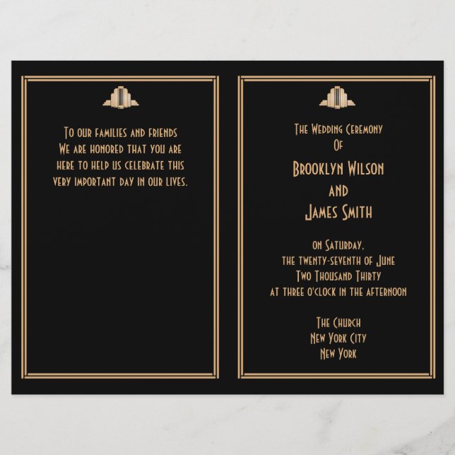 Art Deco Black Gold Great Gatsby Wedding Programs (Front)