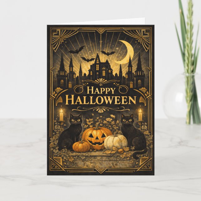 Art Deco Black Gold Halloween Card (Front)