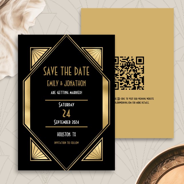 Art Deco Black Gold QR Code Wedding Save The Date (Front and back view)