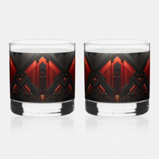 Art Deco Black Gold Red Geometric Pattern Whiskey Glass