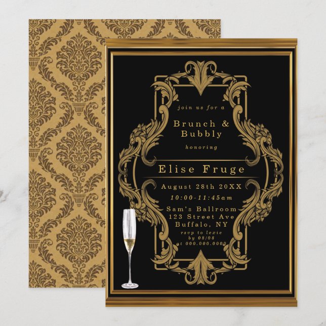 Art Deco Black Gold Royal Brunch & Bubbly Invitati Invitation (Front/Back)