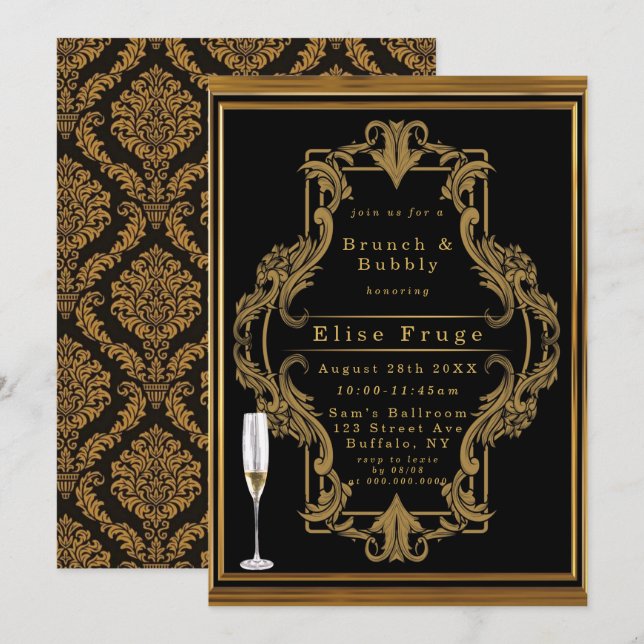 Art Deco Black Gold Royal Brunch & Bubbly Invitation (Front/Back)