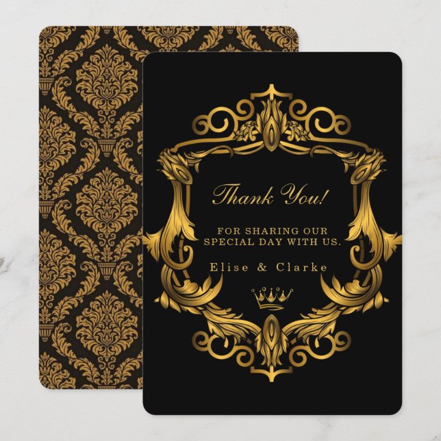 Art Deco Black Gold Royal Wedding Thank You Cards (Front/Back)