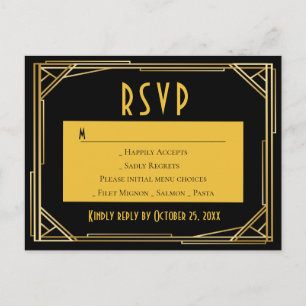 Art Deco Black Gold RSVP Great Gatsby Wedding Invitation Postcard