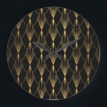 Art Deco: Black Gold Seamless Luxury Large Clock<br><div class="desc">Art Deco Pattern. Seamless black and gold background. Metallic shells or scales lace ornament. Minimalistic geometric design. Vintage lines. 1920-30s motifs. Luxury vintage illustration Art Deco elegance shines in this black and gold pattern. Retro sophistication reigns. Art Deco elegance: black, gold, metallic shells. background, pattern, illustration, texture, decor, vintage, gold,...</div>