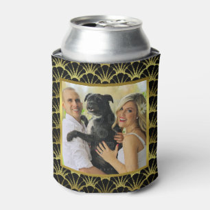 Art Deco Black Gold Shells 2 Custom Family Photos Can Cooler