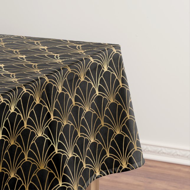 art deco black gold tiled pattern tablecloth (In Situ)