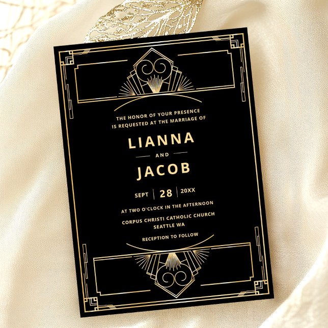 Art Deco Black Gold Wedding Invitation (Creator Uploaded)