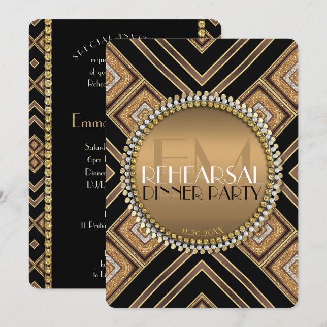 Art Deco Black Gold Wedding Rehearsal Dinner Party Invitation (Front/Back)
