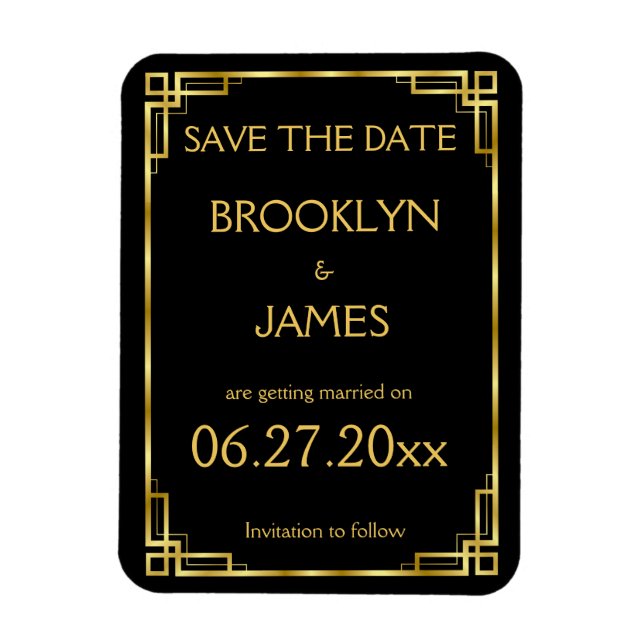 Art Deco Black Gold Wedding Save The Date Magnet (Vertical)
