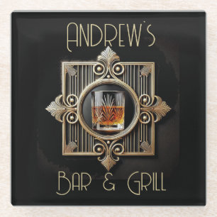 Art Deco, Black & Gold Whiskey Logo Bar & Grill Glass Coaster