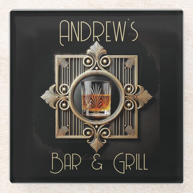 Art Deco, Black & Gold  Whiskey Logo Bar & Grill Glass Coaster (Front)