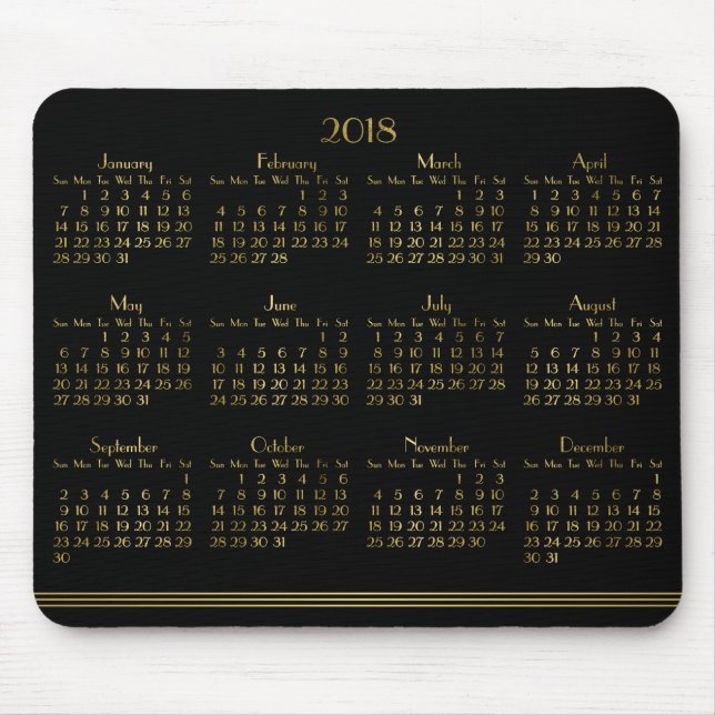 Art Deco Black Gold Yearly Calendar 2018 Mousepad (Front)